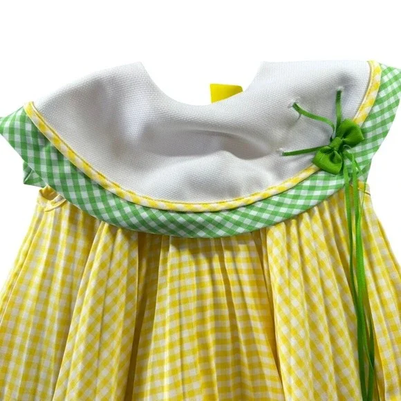 Youngsport Vintage Girls 3T Yellow Gingham Pleated Dress Oversized Bib Collar - Picture 2 of 9